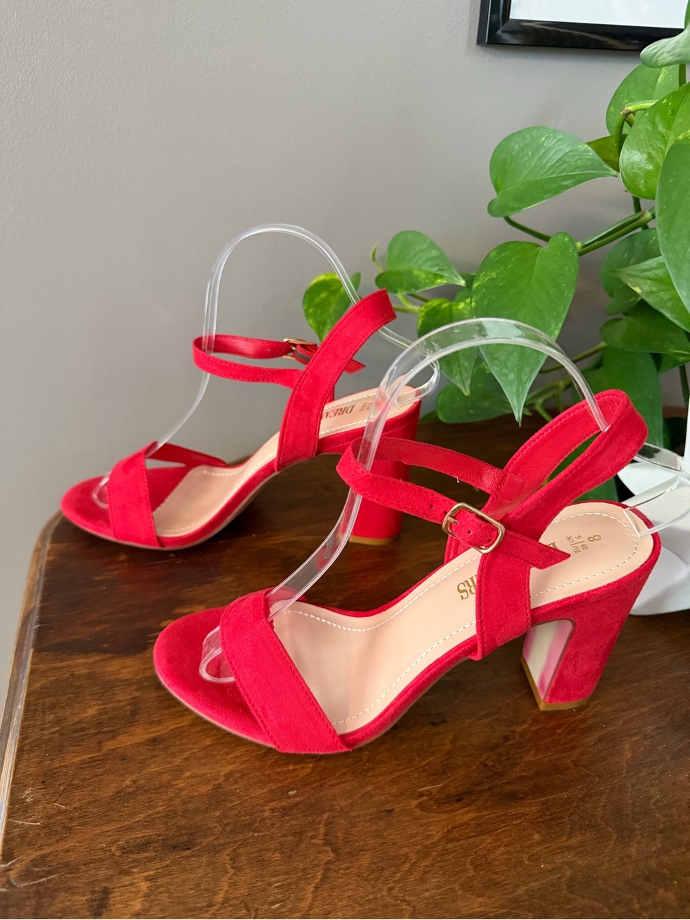 Dreampairs Red Suede Block Heel Sandals with Ankle Strap - Size 8 - Picture 5 of 7